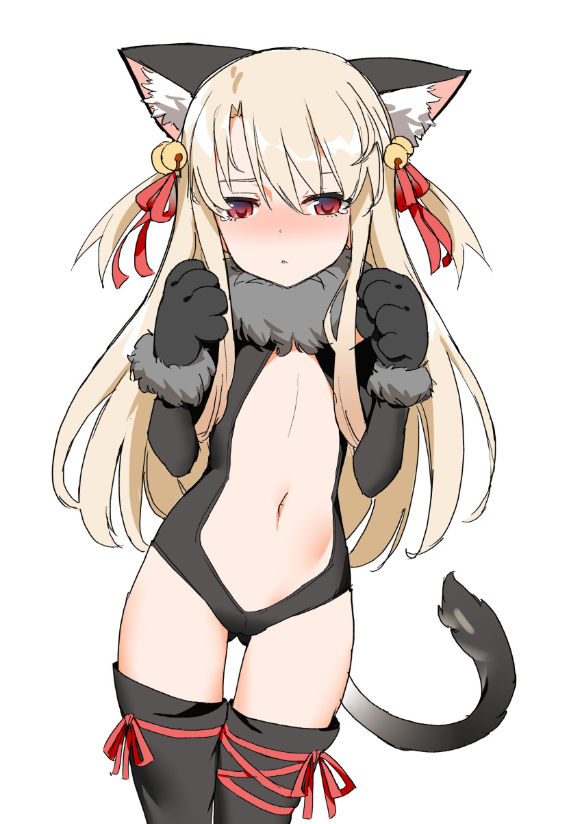 1girl, :<, absurdres, bell, black_gloves, black_legwear, center_opening, cirnocchi, collaboration, coupon_(skyth), elbow_gloves, fate/kaleid_liner_prisma_illya, fate_(series), flat_chest, fur_trim, gloves, gluteal_fold, hair_between_eyes, highres, illyasviel_von_einzbern, jingle_bell, kemonomimi_mode, leotard, navel, parted_lips, paw_gloves, paws, platinum_blonde, prisma_illya, red_eyes, revealing_clothes, simple_background, solo, tail, tears, thigh-highs, tim_loechner, triangle_mouth, two_side_up, white_background