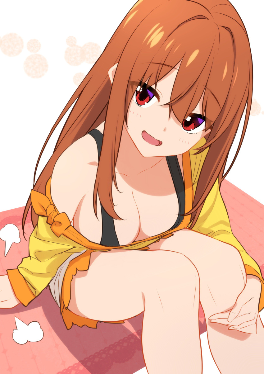 1girl, :d, absurdres, baffu, bare_shoulders, breasts, brown_hair, cleavage, eyebrows_visible_through_hair, freaks_romanticism, from_above, hand_on_own_knee, head_tilt, highres, kanoe_shizumi, large_breasts, leg_hug, long_hair, looking_at_viewer, looking_up, off-shoulder_sweater, open_mouth, patting, red_eyes, sidelocks, simple_background, sitting, smile, solo, sweater, tank_top