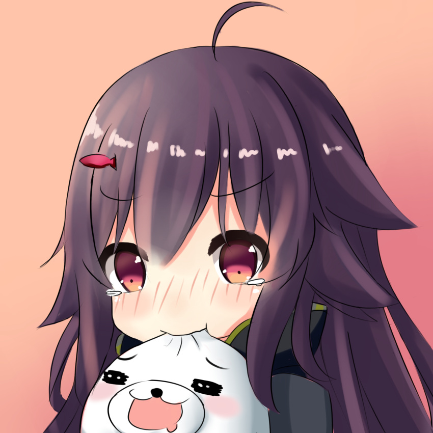 >:t, 1girl, :t, ahoge, bangs, biting, blush, closed_mouth, eyebrows_visible_through_hair, fish_hair_ornament, girls_frontline, gradient, gradient_background, hair_flaps, hair_ornament, highres, long_hair, looking_at_viewer, norikoseal, nose_blush, orange_background, p226_(girls_frontline), petite, purple_hair, seal, solo, tears, upper_body, violet_eyes