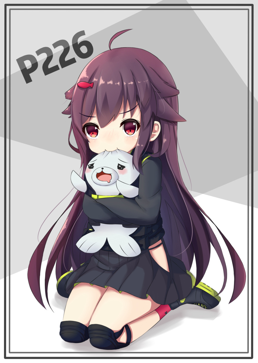 >:t, 1girl, :t, ahoge, bangs, biting, black_footwear, black_jacket