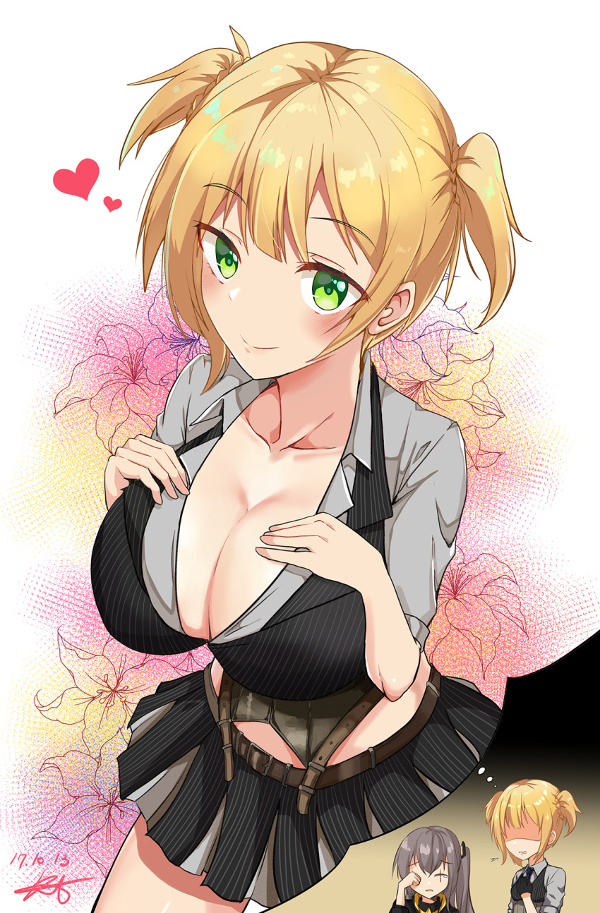 1girl, 2girls, alternate_breast_size, artist_name, asymmetrical_hair, black_skirt, blush, breasts, cleavage, closed_mouth, collarbone, dated, girls_frontline, grey_shirt, hands_on_own_chest, highres, kuro_(tmdbin), large_breasts, leaning_forward, looking_at_viewer, miniskirt, multiple_girls, open_clothes, open_shirt, shaded_face, shirt, short_sleeves, sidelocks, signature, skirt, smile, solo_focus, suspenders, thought_bubble, twintails, ump45_(girls_frontline), vest, welrod_mk2_(girls_frontline)