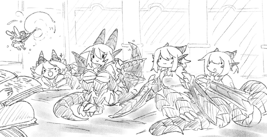 4girls, :>, :d, :o, animal_ears, bangs, bare_shoulders, book