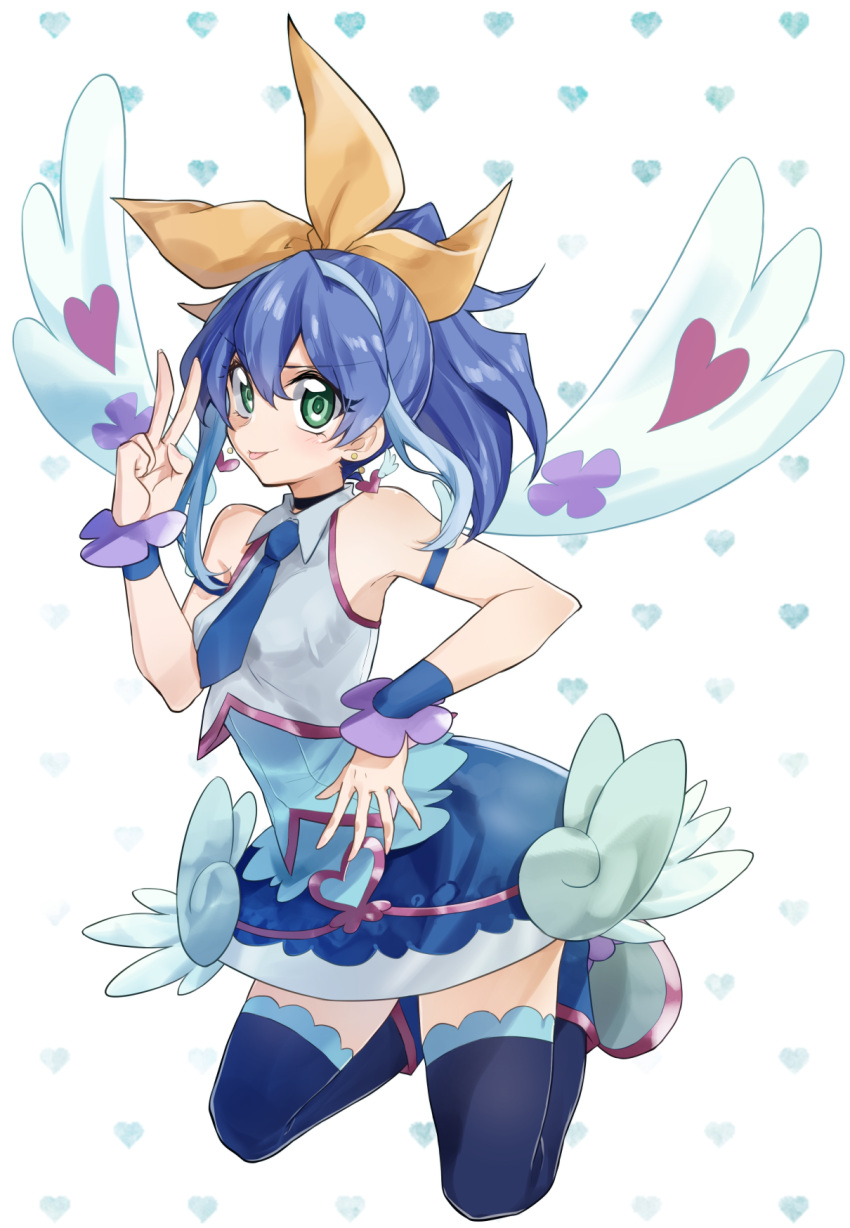 1girl, :p, blue_angel, blue_angel_(cosplay), blue_hair, blue_neckwear, cosplay, earrings, green_eyes, hair_ribbon, heart, heart_earrings, highres, jewelry, kaya_rio, looking_at_viewer, multicolored_hair, necktie, ponytail, ribbon, serena_(yuu-gi-ou_arc-v), skirt, sleeveless, smile, solo, thigh-highs, tongue, tongue_out, two-tone_hair, wings, yu-gi-oh!, yuu-gi-ou_vrains