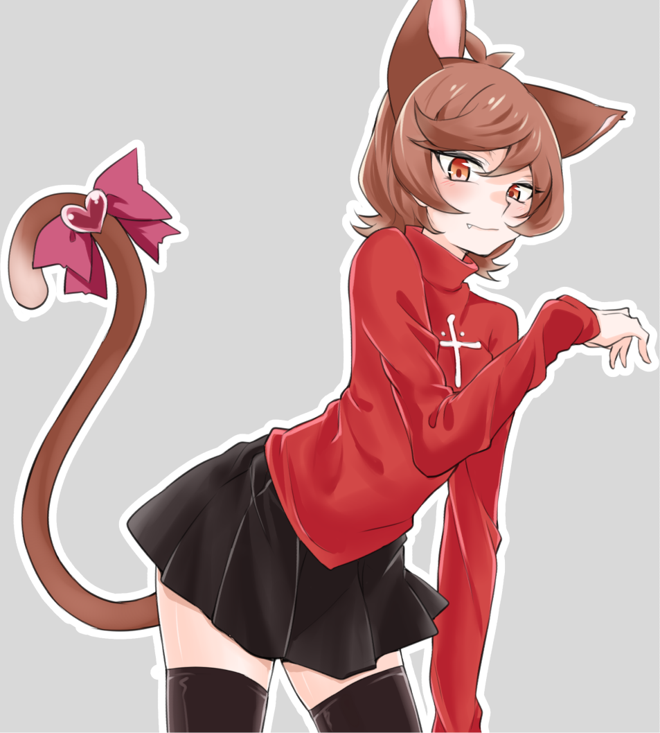 1girl, :|, alternate_costume, black_legwear, black_skirt, blush, bow, brown_eyes