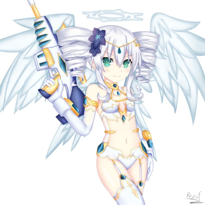 1girl, absurdres, bare_shoulders, black_heart, black_heart_(cosplay), black_sister, breasts, cleavage, cosplay, drill_hair, falling_feathers, feathered_wings, four_goddesses_online:_cyber_dimension_neptune, garter_straps, gloves, green_eyes, gun, halo, highres, holding, holding_gun, holding_weapon, jewelry, looking_at_viewer, navel, neptune_(series), power_symbol, rhapsofree, simple_background, small_breasts, smile, solo, twin_drills, twintails, weapon, white_background, white_gloves, white_hair, white_legwear, wings