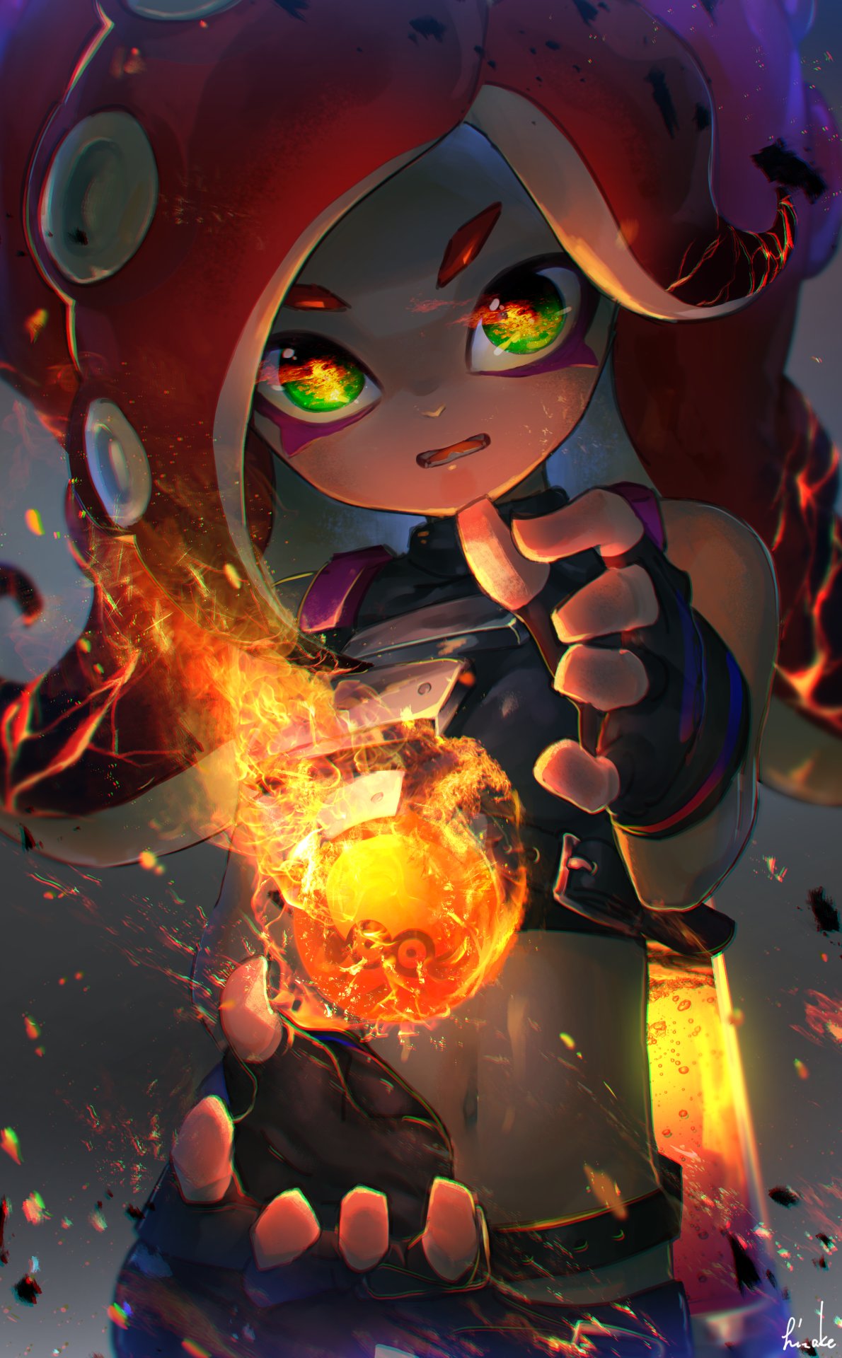 1girl, belt, crop_top, dark_skin, fingerless_gloves, fire, gloves, green_eyes, highres, long_hair, looking_at_viewer, midriff, navel, octarian, octoling, octoling_girl, open_mouth, solo, splatoon, splatoon_2, tentacle_hair