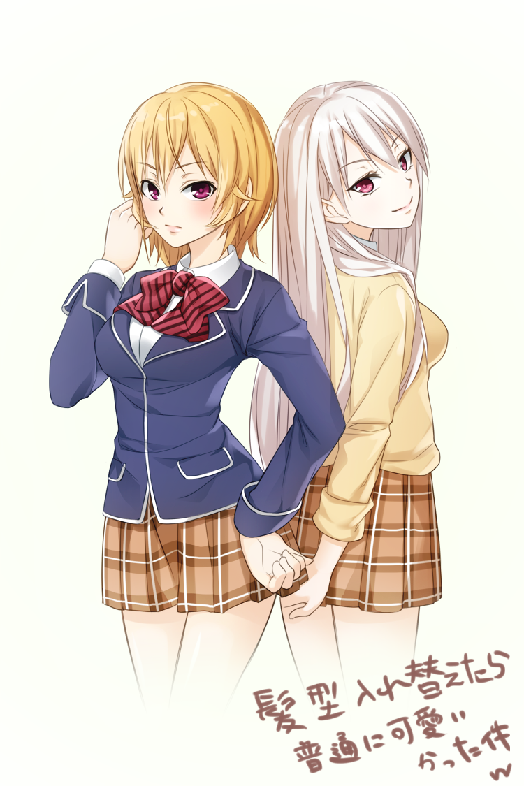 2girls, alternate_hair_length, alternate_hairstyle, back-to-back, blonde_hair, breasts, cousins, hairstyle_switch