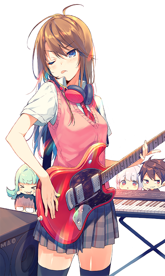 >_<, 2boys, 3girls, :3, :d, amplifier, bangs, black_legwear