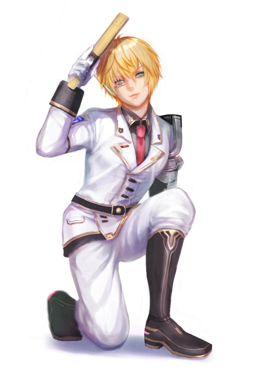 1boy, aqua_eyes, black_footwear, blonde_hair, edge_maverick, gloves, highres, kneeling
