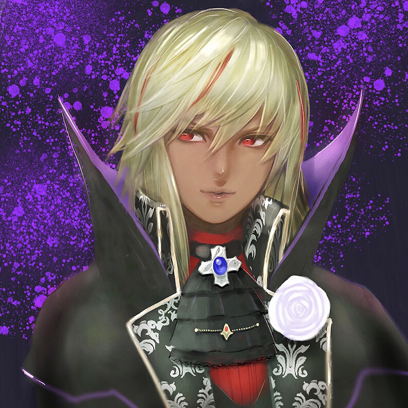 1boy, blonde_hair, cravat, dark_skin, dark_skinned_male, flower, male_focus, multicolored_hair