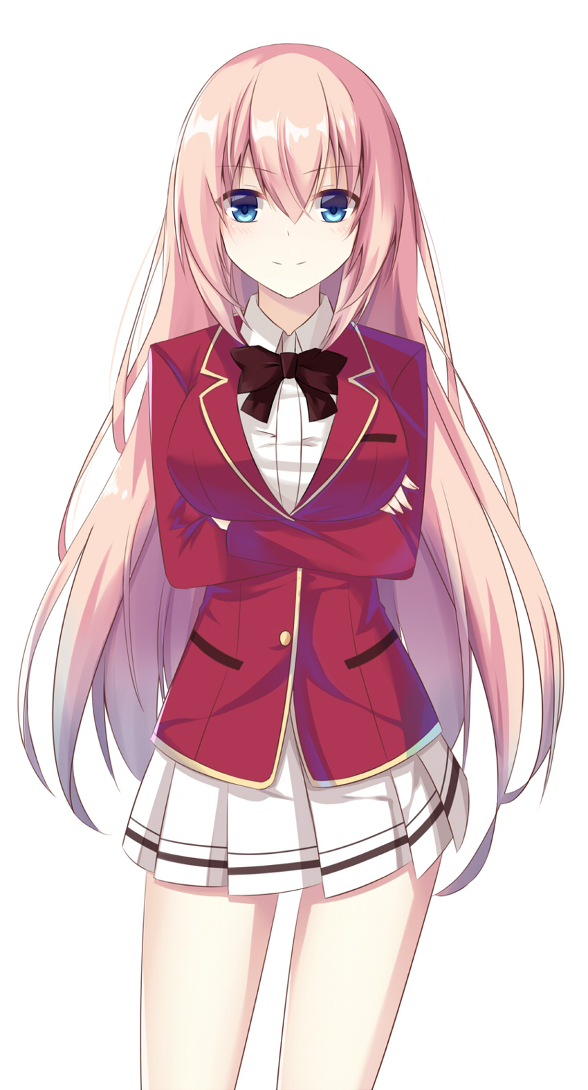 1girl, black_bow, black_neckwear, blue_eyes, bow, bowtie, cowboy_shot, crossed_arms