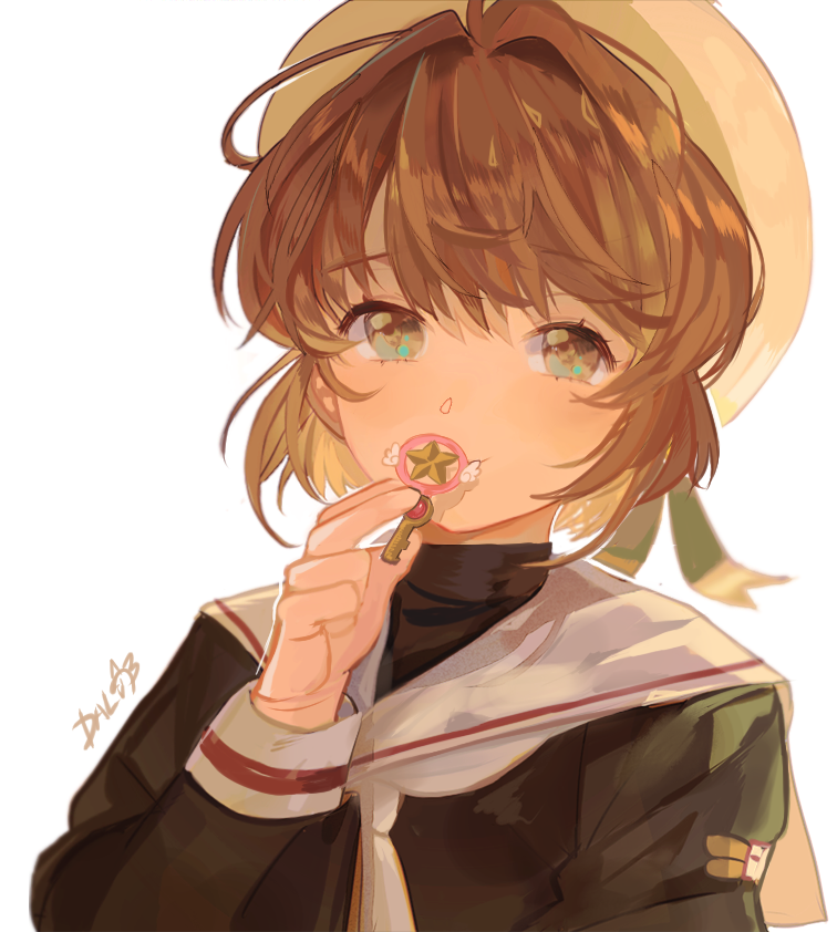 1girl, antenna_hair, blush, brown_hair, card_captor_sakura, covering_mouth, dal_(edalnem), fuuin_no_tsue