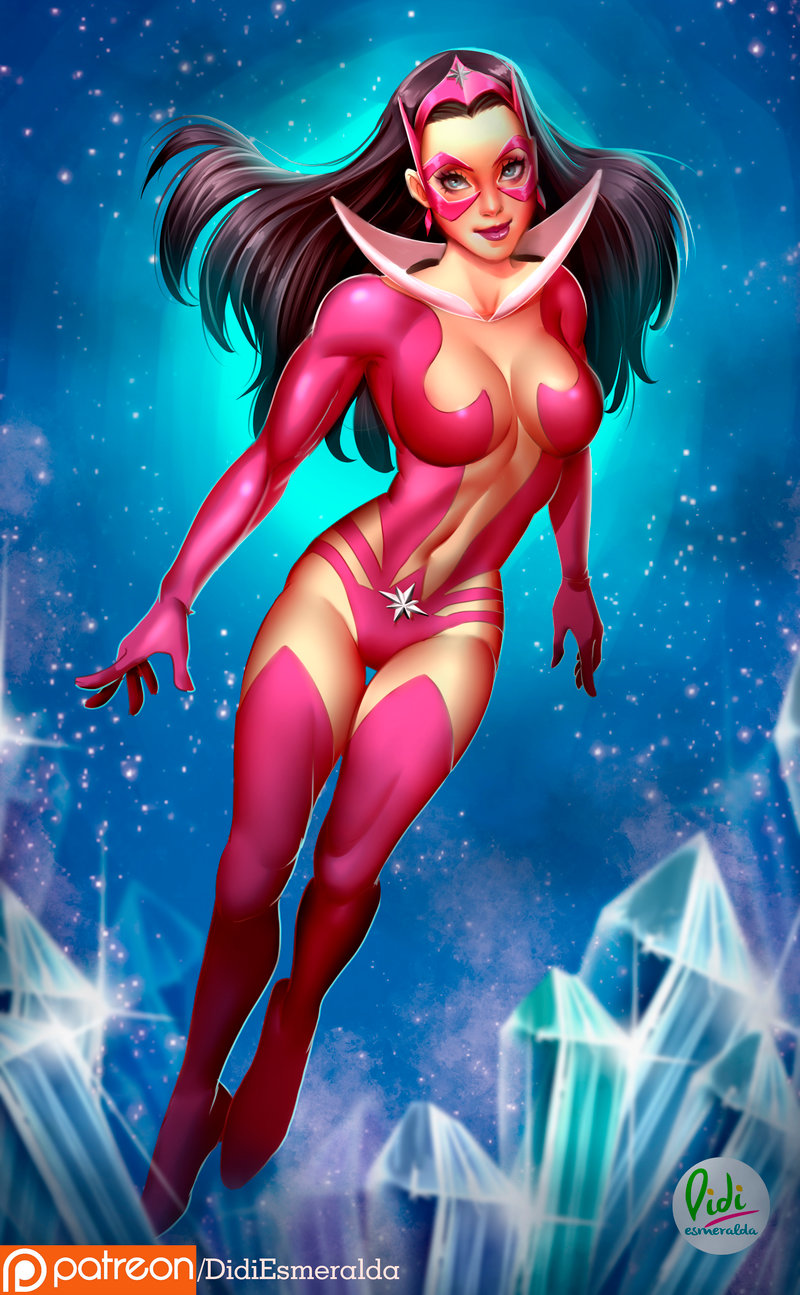 1girl, artist_name, black_hair, bodysuit, boots, breasts, center_opening, cleavage, crystal, dc_comics, didi_esmeralda, earrings, gloves, highres, jewelry, mask, navel, patreon_logo, patreon_username, solo, sparkle, star, star_sapphire_(dc), tiara