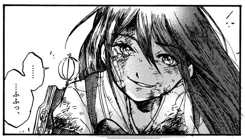 1girl, akagi_(kantai_collection), blood, blood_on_face, border, commentary, dirty_clothes, dirty_face, dodomori, eyebrows_visible_through_hair, greyscale, grin, hair_between_eyes, injury, japanese_clothes, kantai_collection, kimono, long_hair, monochrome, muneate, smile, solo, sweatdrop, tasuki, teeth, translated, upper_body