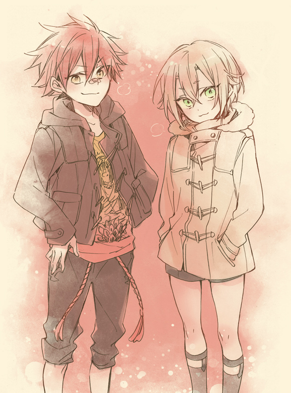 2boys, aizen_kunitoshi, bandaid, bandaid_on_nose, coat, garters, green_eyes, hands_in_pockets