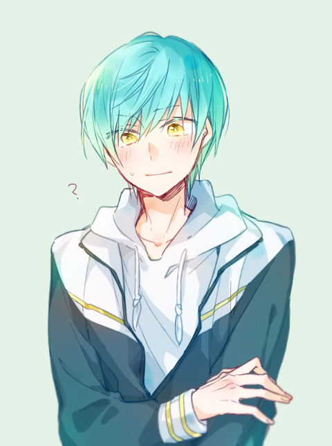 1boy, ?, aqua_hair, blush, hood, hoodie, ichigo_hitofuri, male_focus