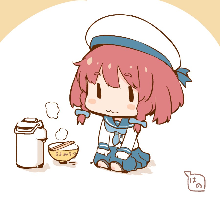 1girl, :3, =3, artist_name, blue_neckwear, blue_skirt, blush_stickers, bowl