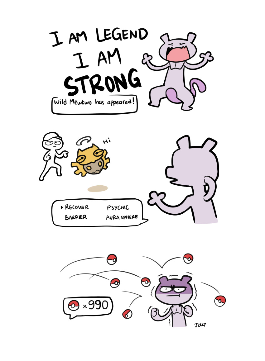 absurdres, comic, gameplay_mechanics, highres, mewtwo, plainwhite, poke_ball, pokemon_trainer