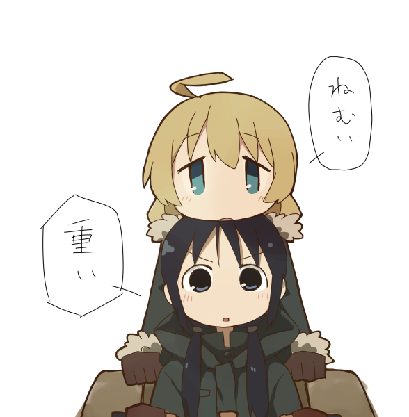 2girls, ahoge, aki_inu, black_hair, blonde_hair, blue_eyes, chito_(shoujo_shuumatsu_ryokou), coat
