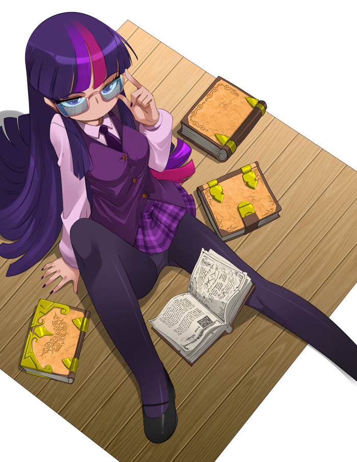 1girl, bleedman, blue_eyes, book, glasses, my_little_pony, purple_hair, solo