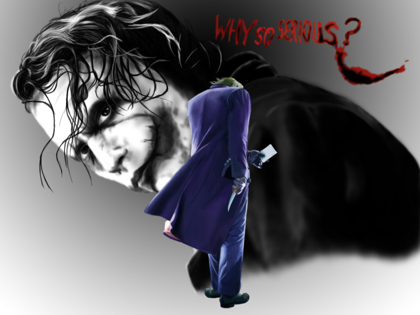 dc_comics, glasgow_smile, green_hair, highres, holding, holding_card, knife, the_dark_knight