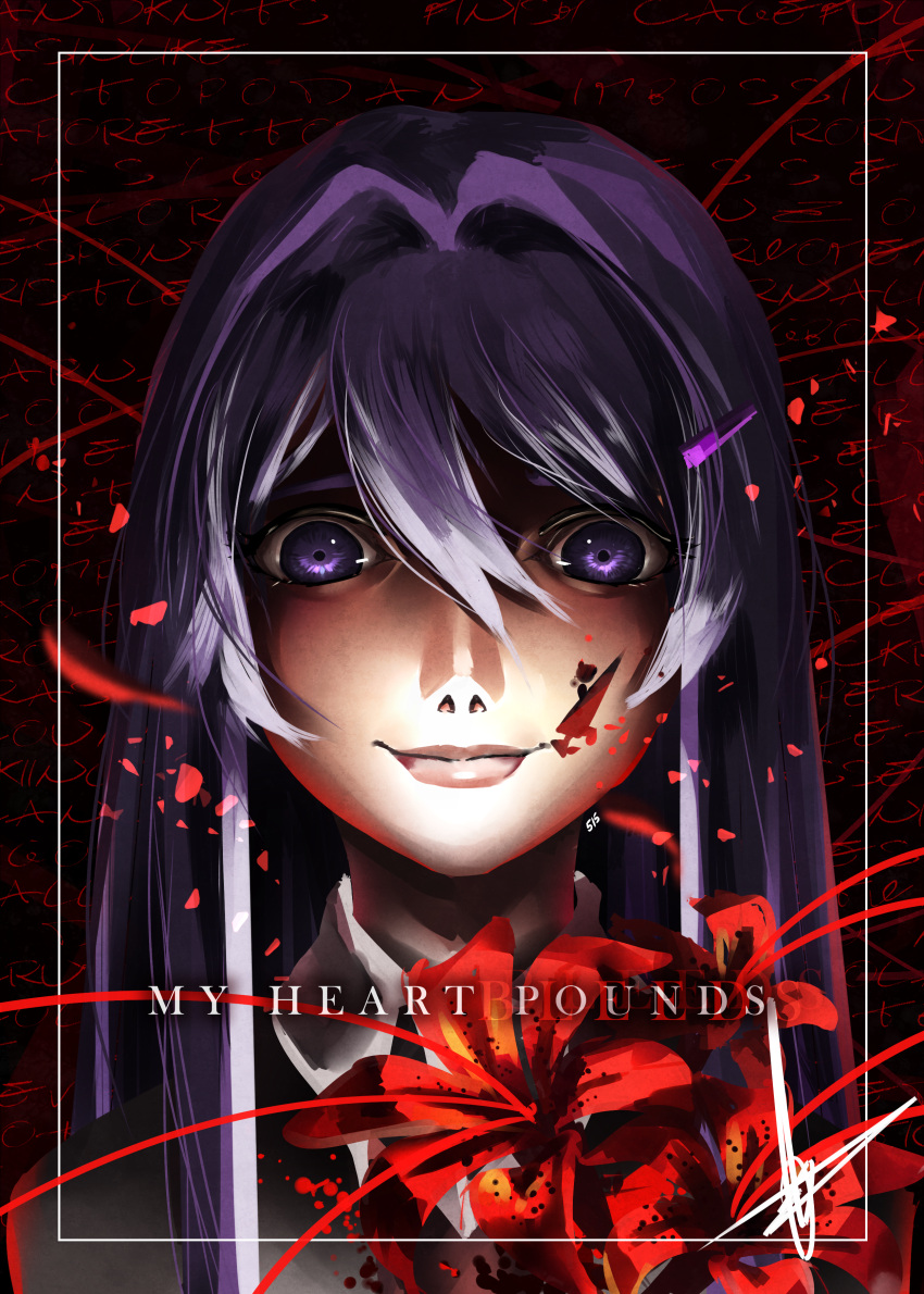 1girl, absurdres, blood, doki_doki_literature_club, english, hair_ornament, hairclip, hannah_santos