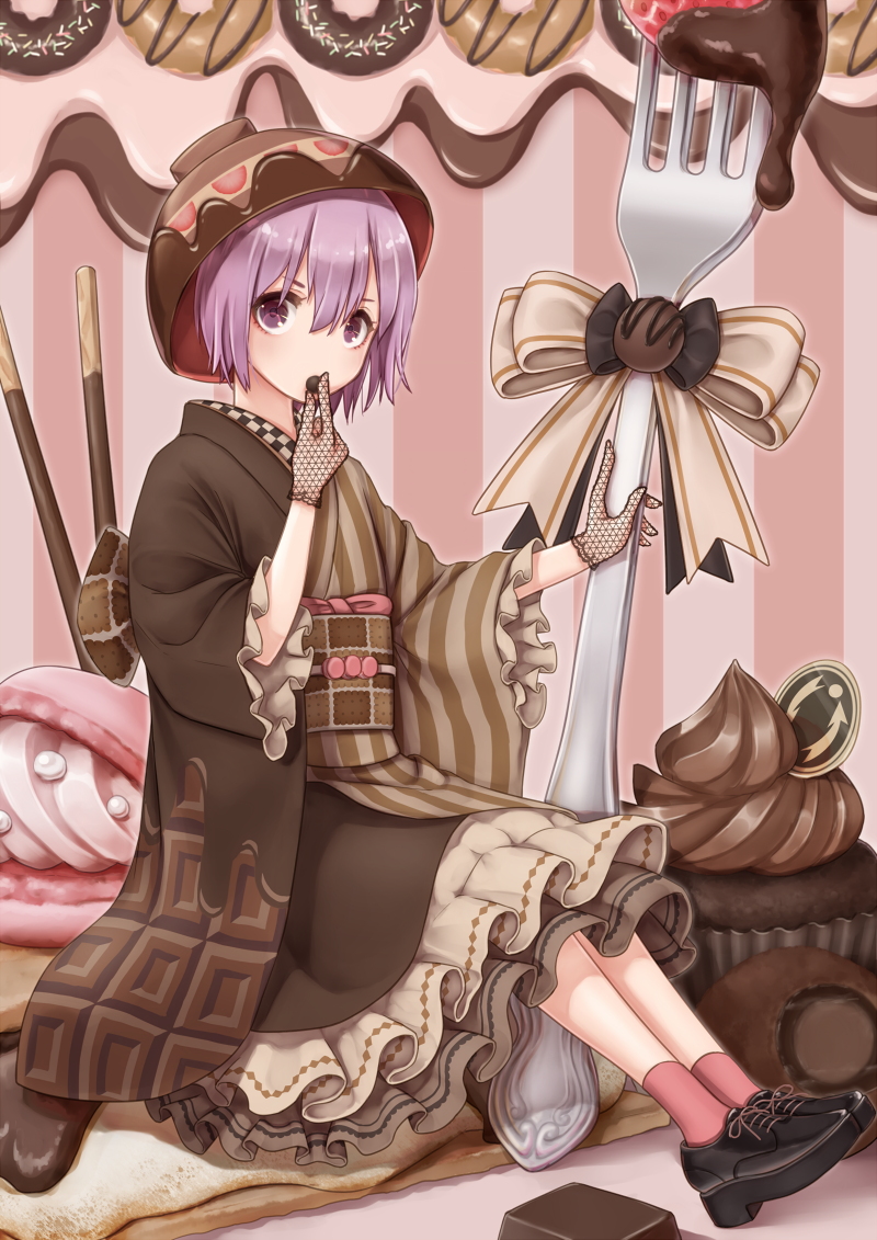 1girl, alternate_color, black_footwear, black_gloves, bowl, bowl_hat, brown_kimono, brown_ribbon