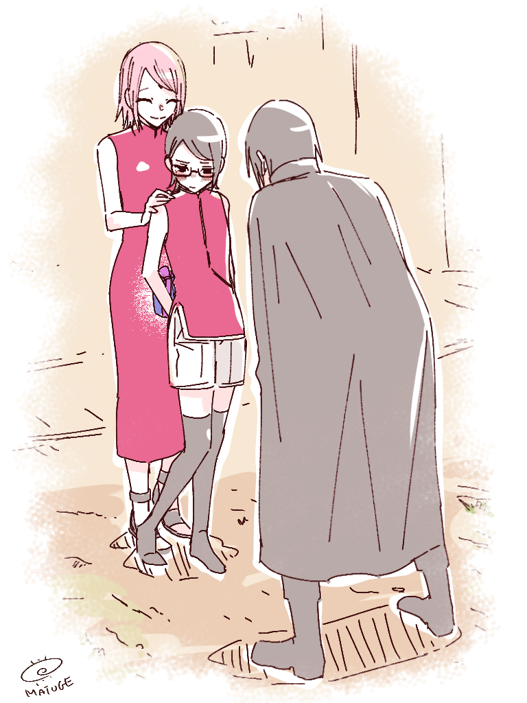 1boy, 2girls, bangs, black_hair, blush, boruto:_naruto_next_generations, cloak, dress