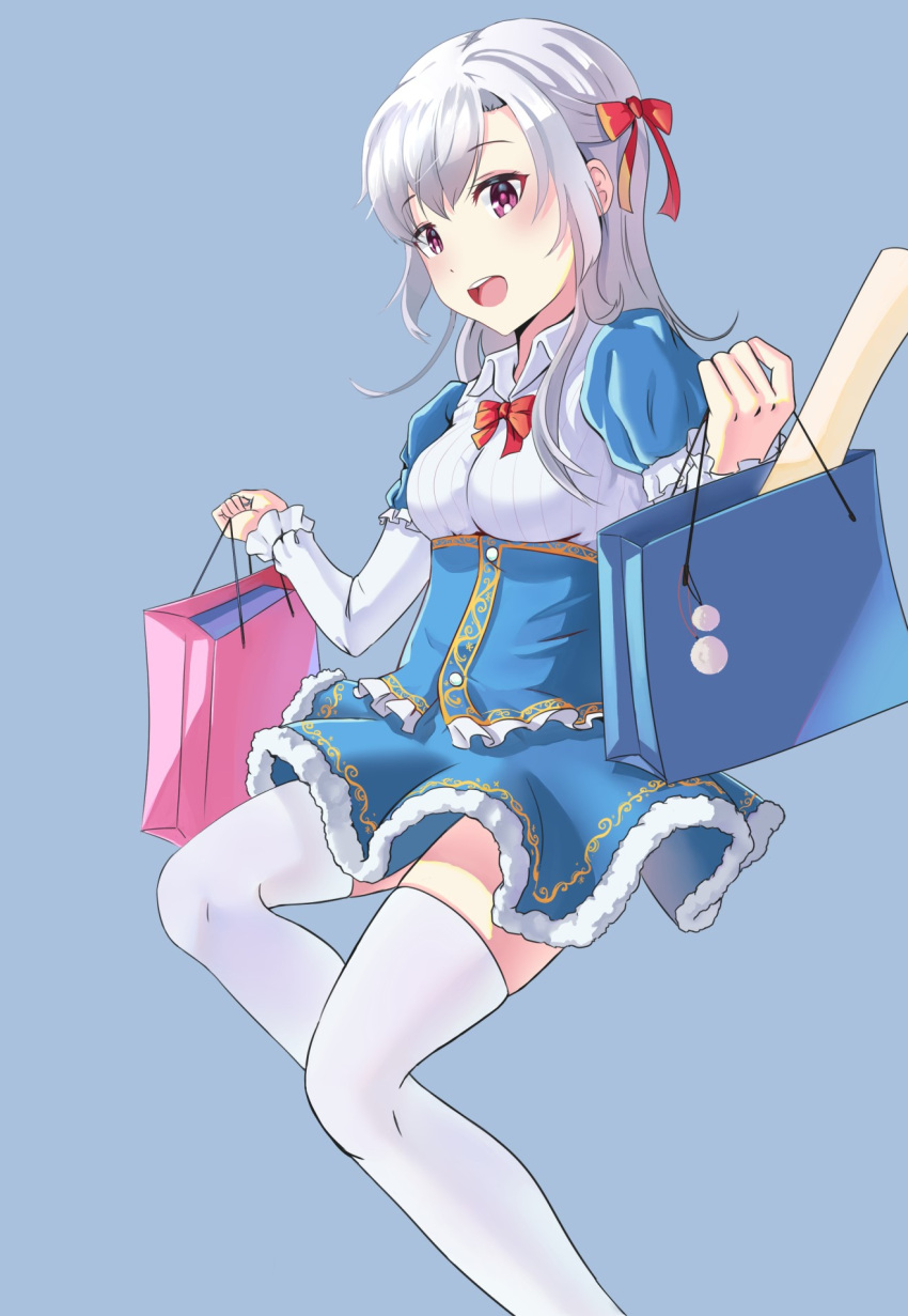 1girl, :d, bag, blue_background, blue_skirt, breasts, gan_(gameupnow), highres