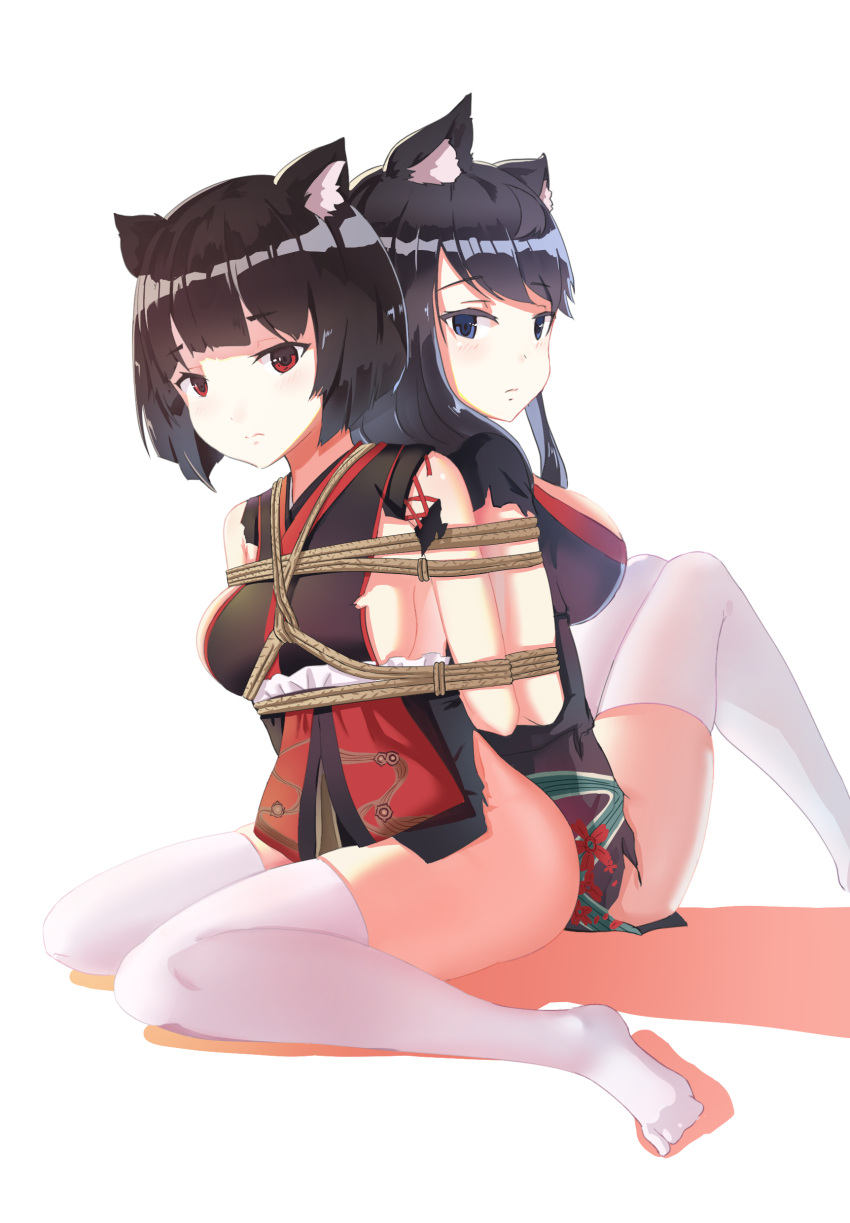 2girls, absurdres, animal_ears, azur_lane, black_hair, blue_eyes, bondage, bound