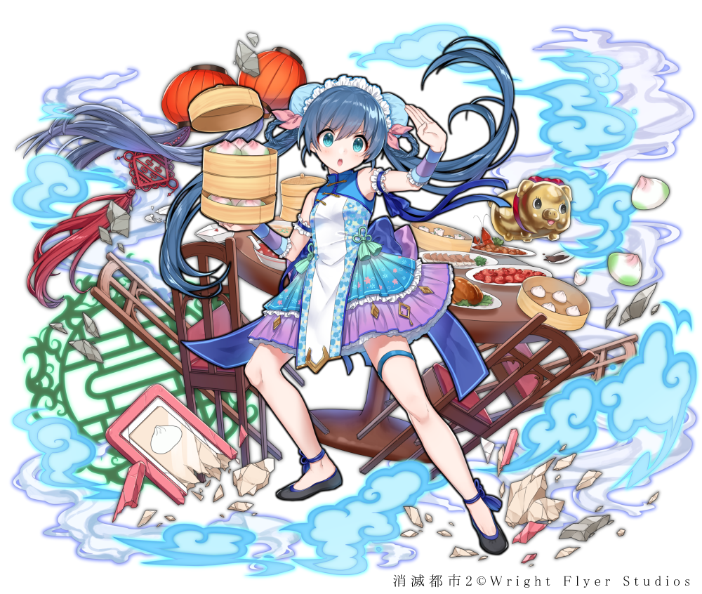 1girl, arm_warmers, baozi, black_footwear, black_sheos, blue_eyes, blue_hair, broken