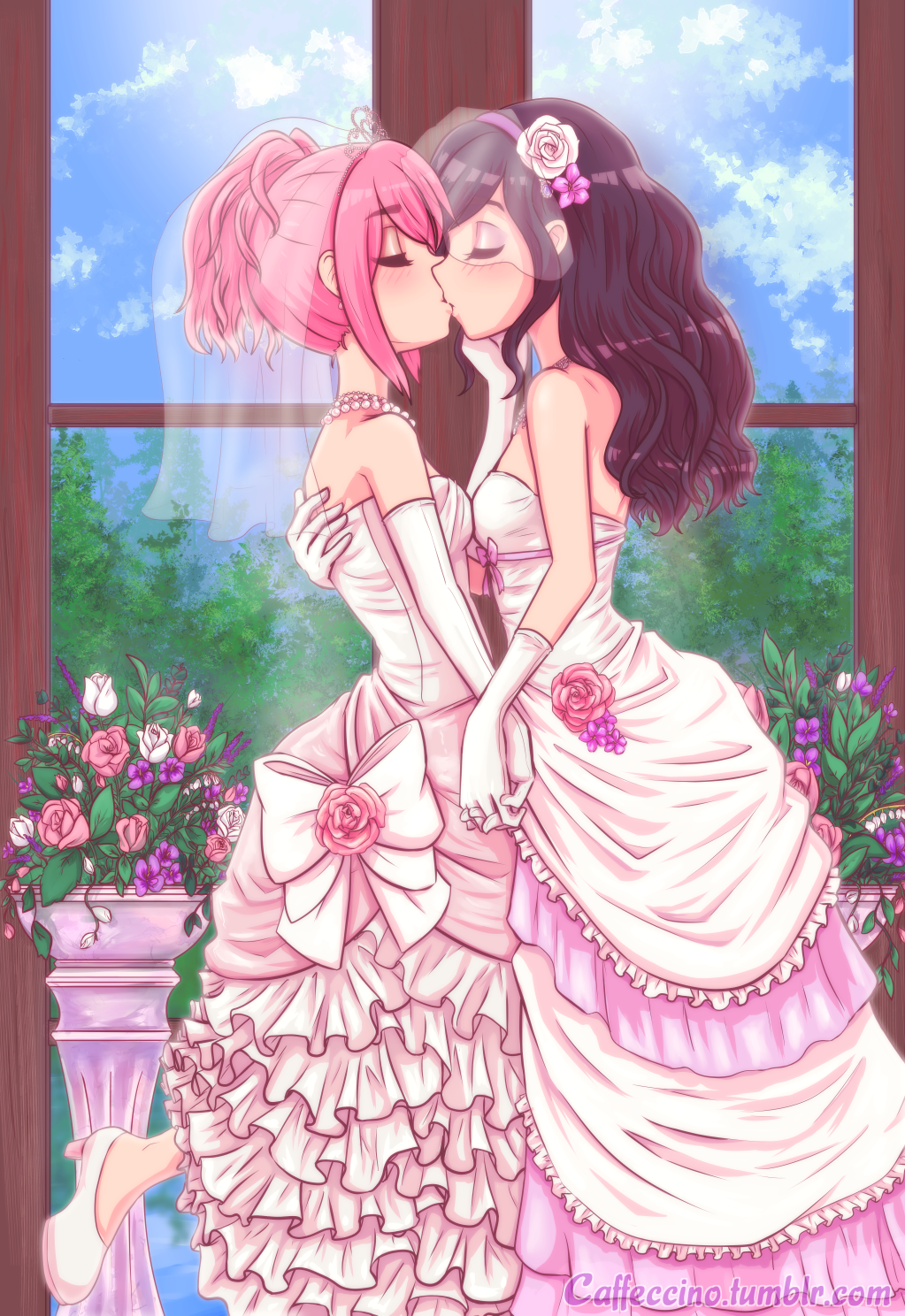 2girls, akemi_homura, bare_shoulders, black_hair, bride, caffeccino, closed_eyes, couple