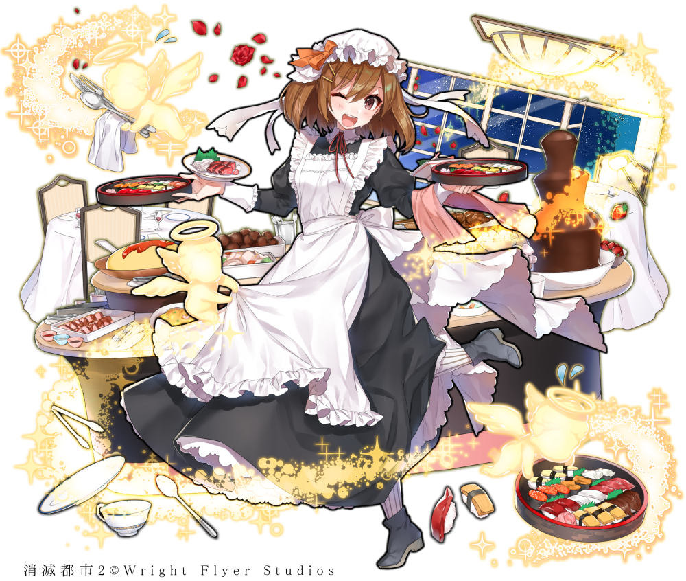 1girl, ;d, black_footwear, brown_hair, chair, cherub, chocolate_fountain, cup