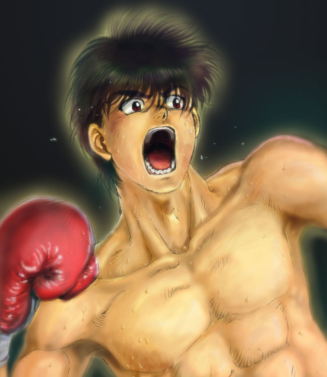 1boy, abs, black_background, black_hair, boxing_gloves, brown_eyes, collarbone, flying_sweatdrops
