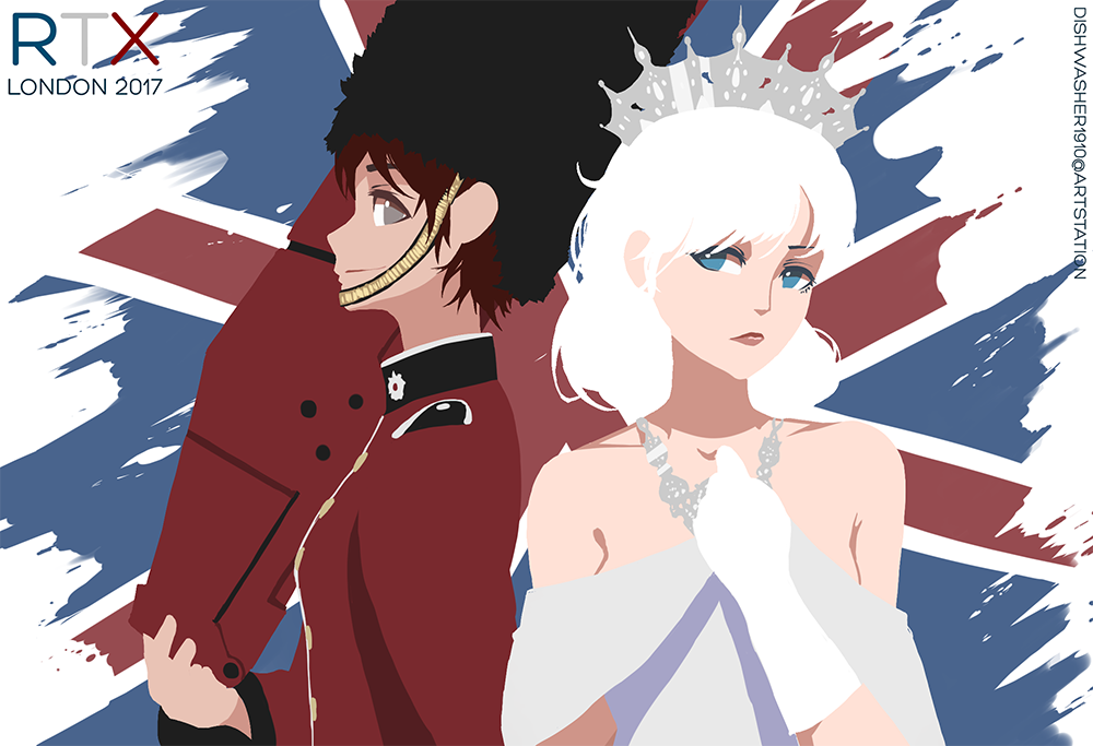 2girls, bearskin_cap, british_army, crescent_rose, crown, dress, gloves, military