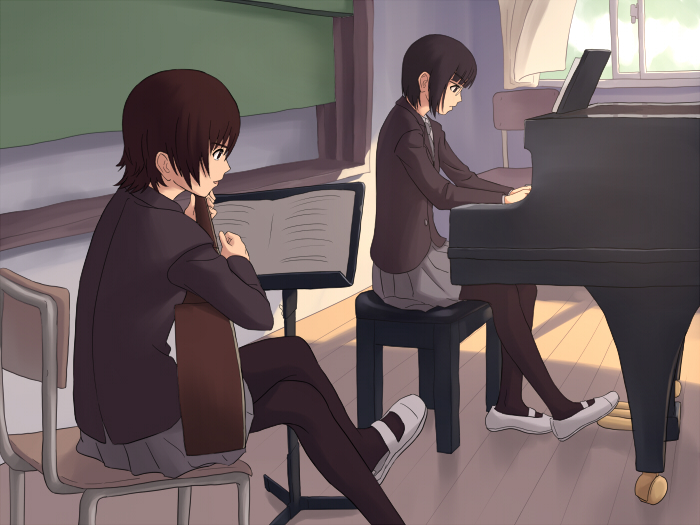 acoustic_guitar, bad_id, black_hair, chalkboard, crossed_legs, curtains, glasses, grand_piano