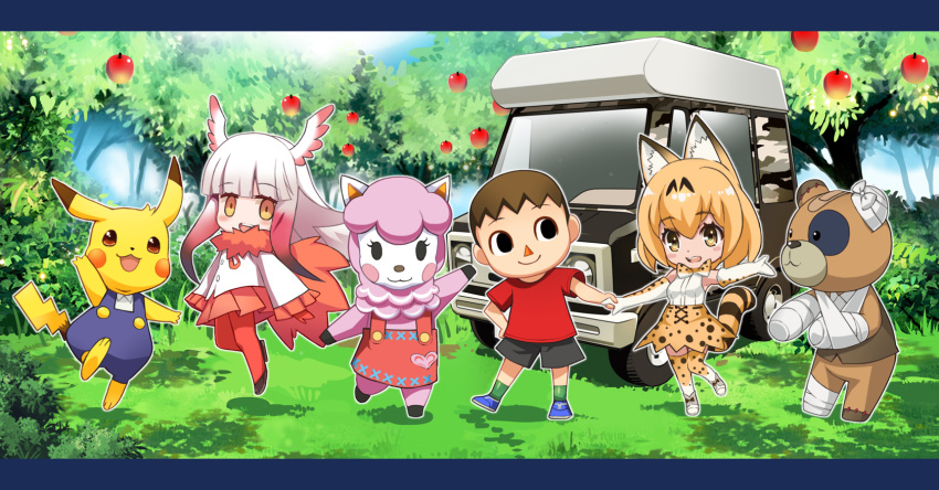 1boy, 2girls, :3, :d, actas_(studio), alpaca, animal, animal_ears, animal_girl, apple, bandage, bear, black_eyes, black_hair, blonde_hair, boko_(girls_und_panzer), broadcaster_connection, bushiroad, car, character_request, chibi, commentary_request, creatures_(company), crossover, doubutsu_no_mori, elbow_gloves, flying, food, forest, fruit, fur_collar, game_freak, gen_1_pokemon, gijinka, girls_und_panzer, gloves, gradient_hair, ground_vehicle, hand_holding, head_wings, highres, human, japanese_crested_ibis_(kemono_friends), kadokawa_shoten, kemono_friends, lisa_(doubutsu_no_mori), long_hair, looking_at_viewer, machi_e_ikou_yo:_doubutsu_no_mori, media_factory, motor_vehicle, mouse, multicolored_hair, multiple_crossover, multiple_girls, nature, nexon, nintendo, nintendo_ead, nyoronyoro, oideyo!_doubutsu_no_mori, olm_digital, open_mouth, pantyhose, personification, pikachu, pleated_skirt, pokemon, pokemon_(anime), pokemon_(creature), pokemon_(game), red_legwear, serval_(kemono_friends), serval_ears, serval_print, serval_tail, sheep, short_hair, skirt, smile, suspenders, tail, teddy_bear, thigh-highs, tobidase:_doubutsu_no_mori, tokyo_mx, tomason_(studio), tree, tv_channel_connection, tv_tokyo, villager_(doubutsu_no_mori), white_hair, yaoyorozu_(studio), yellow_eyes, zettai_ryouiki
