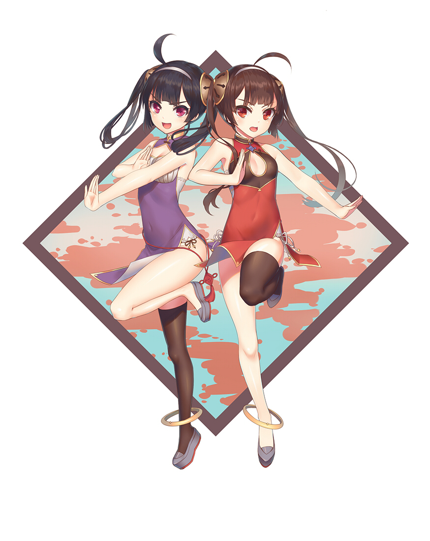 2girls, :d, ahoge, asymmetrical_legwear, azur_lane, black_hair, black_legwear, breasts