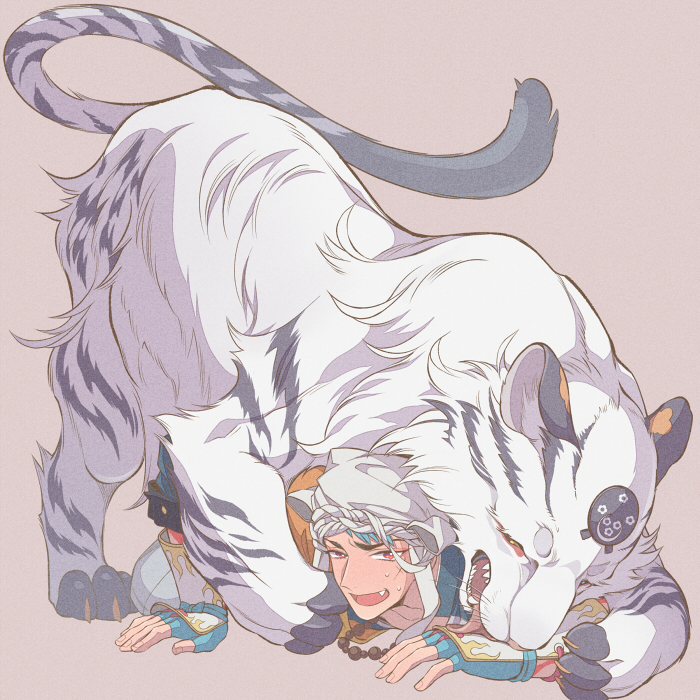 aqua_hair, aya, fang, fingerless_gloves, gloves, gokotai's_tigers, kiwame_(touken_ranbu), licking