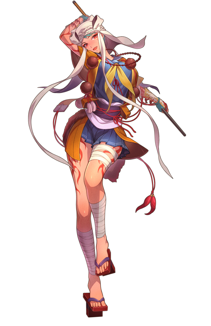 1girl, aqua_hair, aya, bandage, bandaged_leg, fang, frills, genderswap