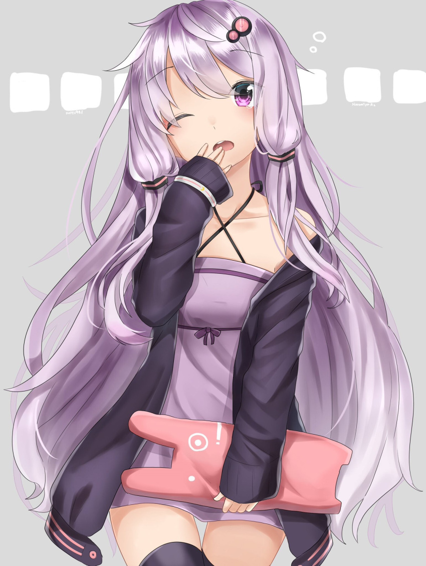 1girl, blush, bunny_pillow, dress, hair_ornament, hairpin, hand_in_front_of_face, highres