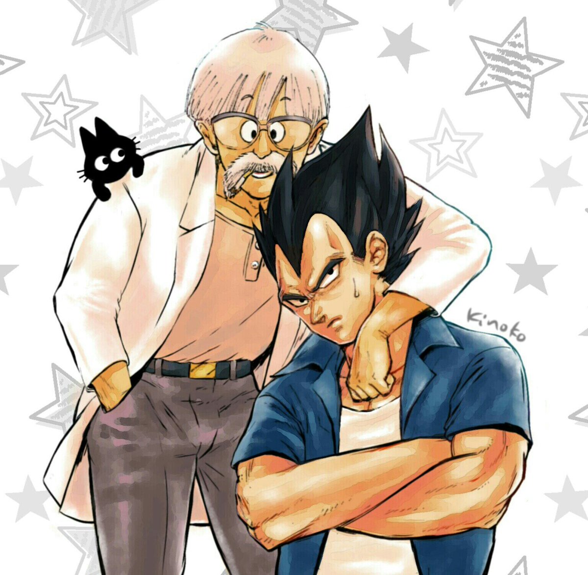 2boys, animal, arm_over_shoulder, belt, black_eyes, black_hair, blue_shirt, cat