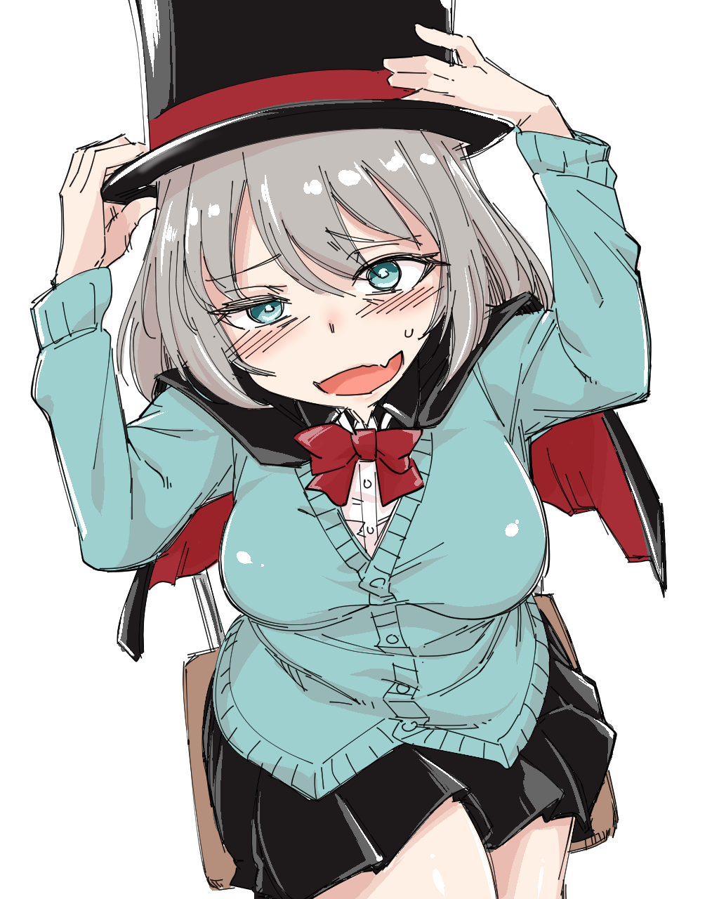 1girl, aqua_eyes, cape, grey_hair, hat, highres, school_uniform, sitting