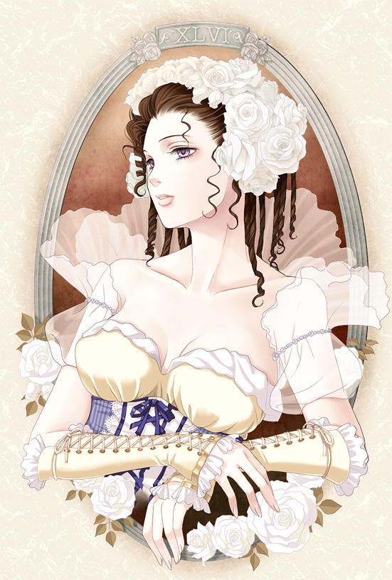 1girl, breasts, cleavage, dress, flower, maronee_san, princess_white_rose, rose