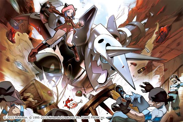 2015, 2boys, 2girls, aggron, blue_eyes, downscaled, fangs, md5_mismatch