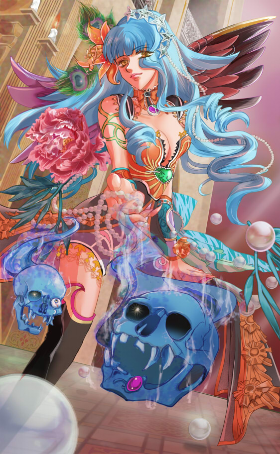 1girl, blue_hair, breasts, brown_eyes, cleavage, flower, hair_ornament, long_hair