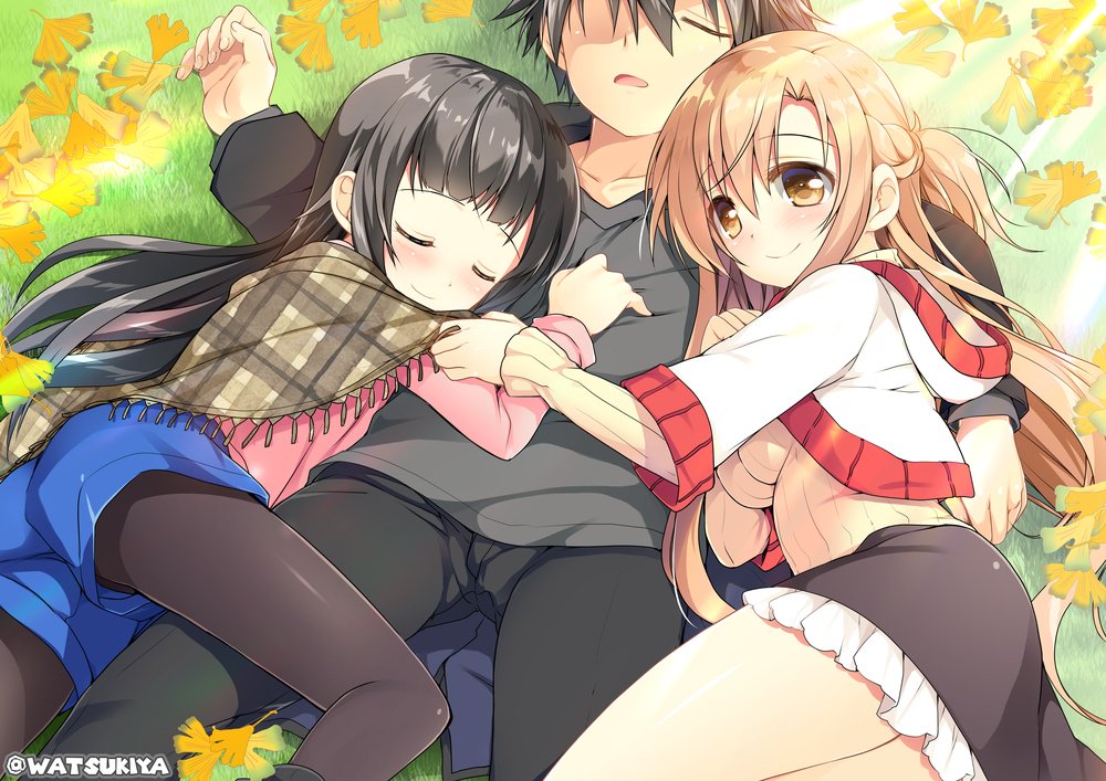 1boy, 2girls, asuna_(sao), autumn_leaves, beige_sweater, black_hair, black_legwear, black_skirt