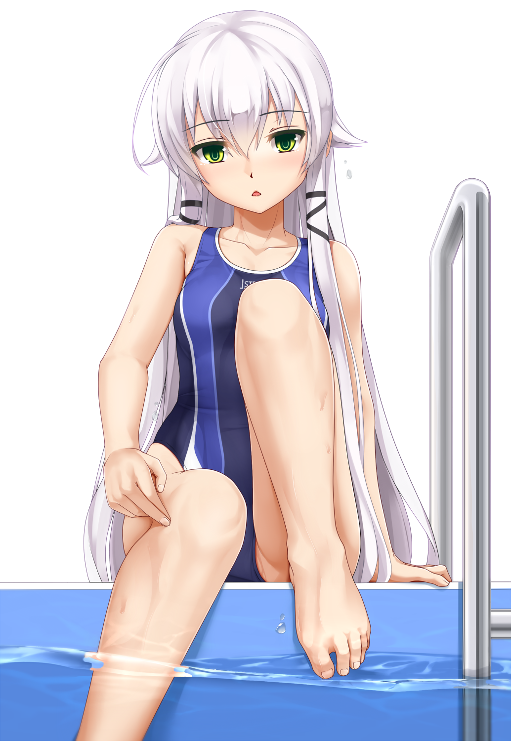 1girl, altina_orion, arm_at_side, bare_arms, bare_legs, bare_shoulders, barefoot, black_ribbon