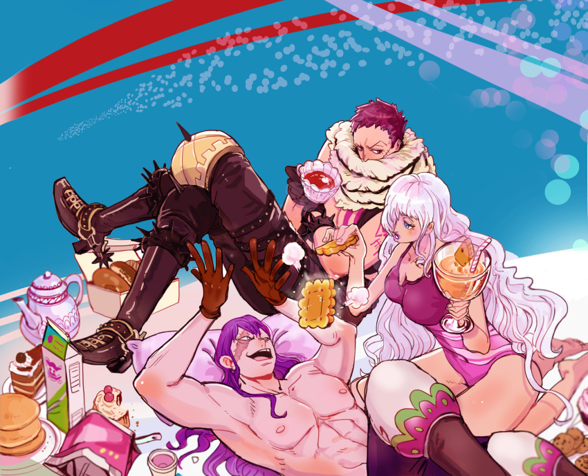 1girl, 2boys, abs, artist_request, barefoot, biscuit, black_hair, blue_eyes, bodysuit, boots, breasts, brother_and_sister, cake, charlotte_cracker, charlotte_katakuri, charlotte_smoothie, cleavage, cup, curly_hair, doughnut, food, fur_trim, gloves, hair_over_one_eye, highres, juice, juice_box, living_(pixiv5031111), long_hair, multiple_boys, one_piece, pillow, purple_hair, scar, shirtless, siblings, sitting, tattoo, teacup, teapot, teeth, violet_eyes