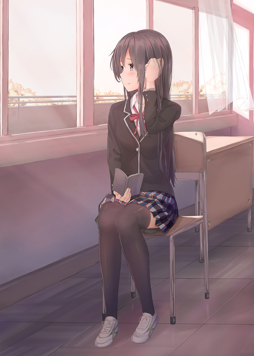 1girl, black_hair, blue_eyes, blush, book, chair, desk, floor